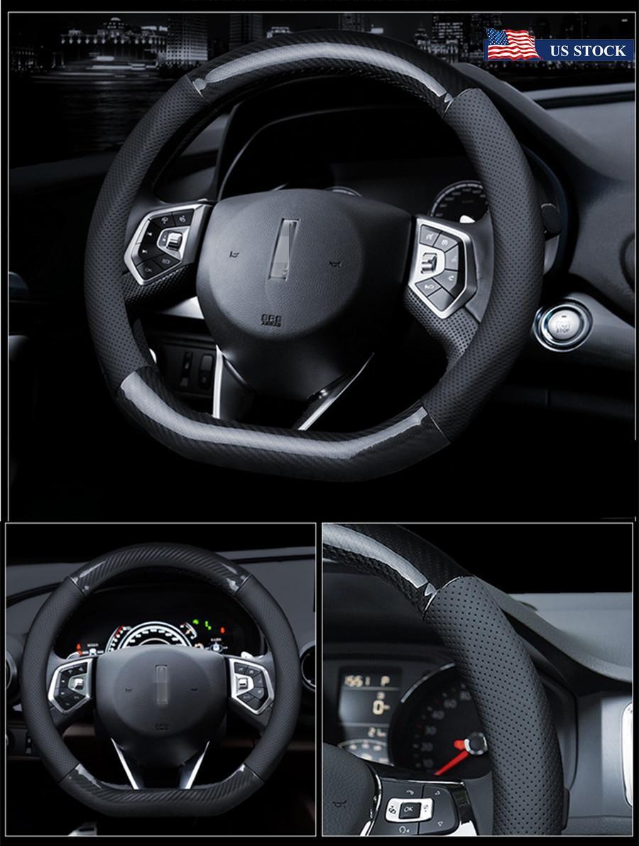 1PC Car Steering Wheel Cover D Shape 38cm Black PU Leather Carbon Fiber Antiskid