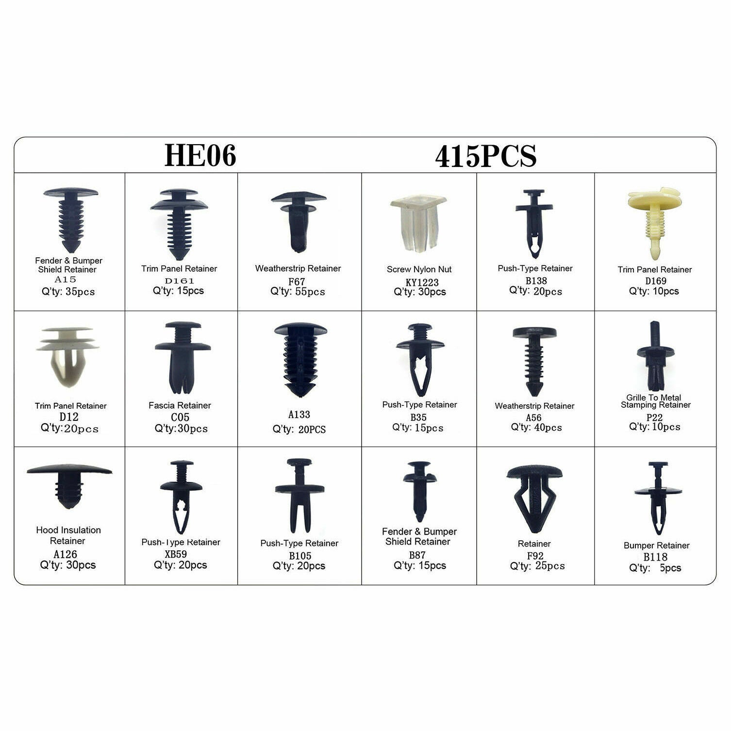 415stk 18 Size Car Push Type Retainer Panel Bumper Fastener Trim Clip Universal