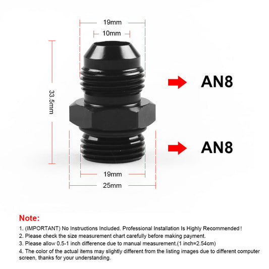 2-Pack ORB-8 O-ring Boss AN8 8AN to AN8 8AN Male Adapter Accessories - Black Aluminum