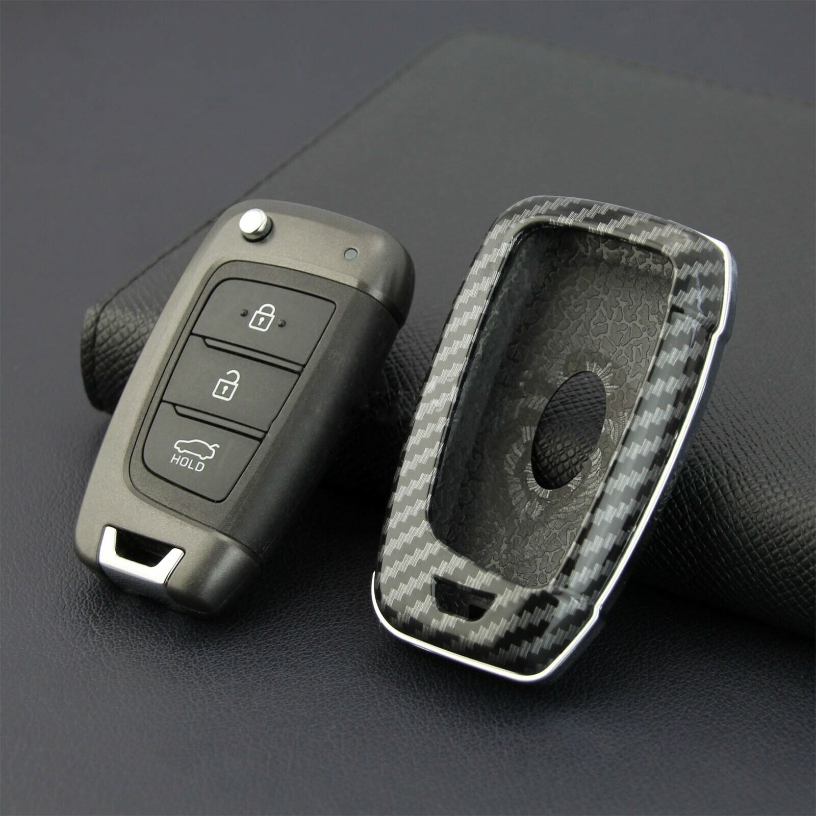 Carbon Fiber Flip Key Cover Case Chain for Hyundai for Elantra Santa Fe Accent