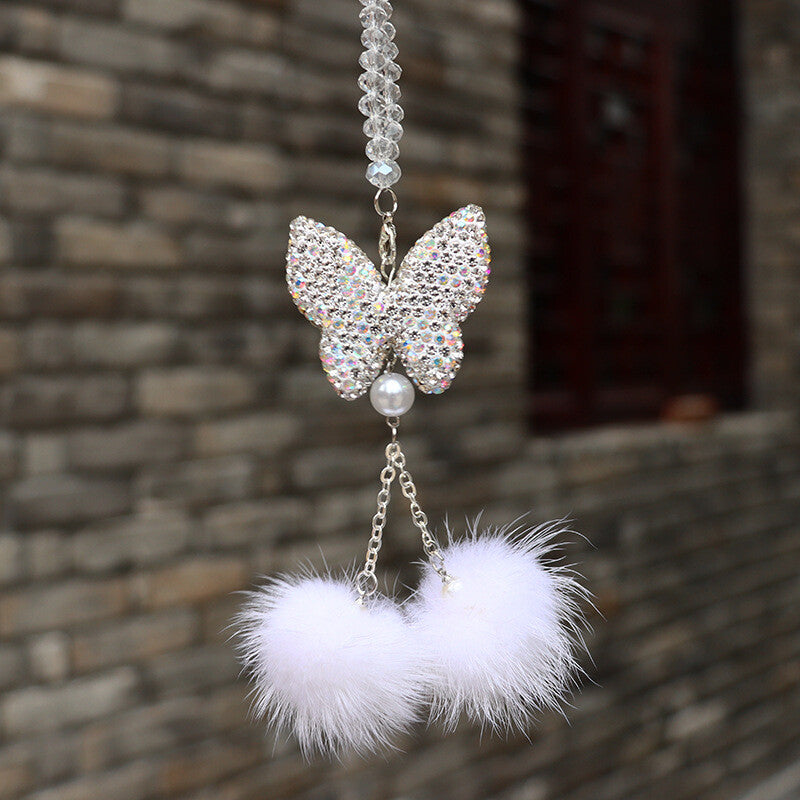 Bling Butterfly Car Hanging Decor Shiny Diamond Car Rear View Mirror Charm White