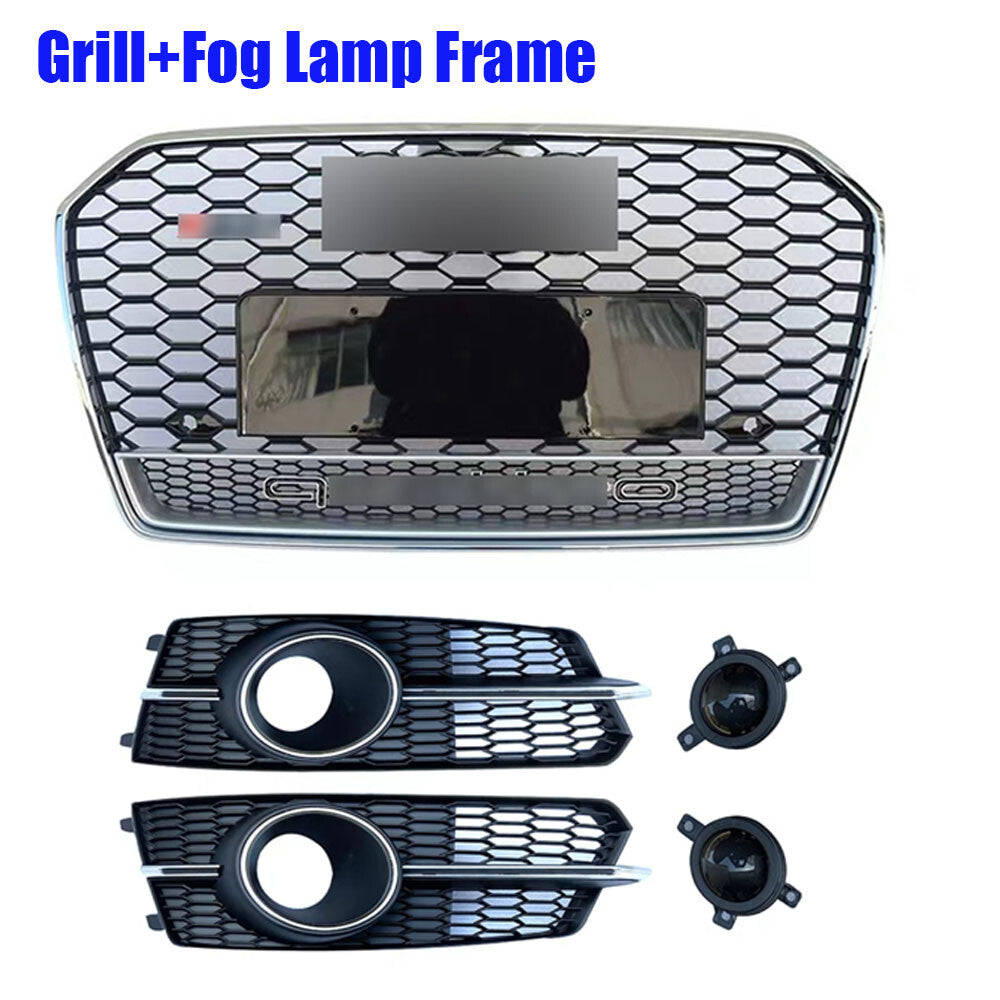 Front Bumper Grille+Fog Light Lamp Frame Fit for Audi A6 S6 2016-2018 Silver