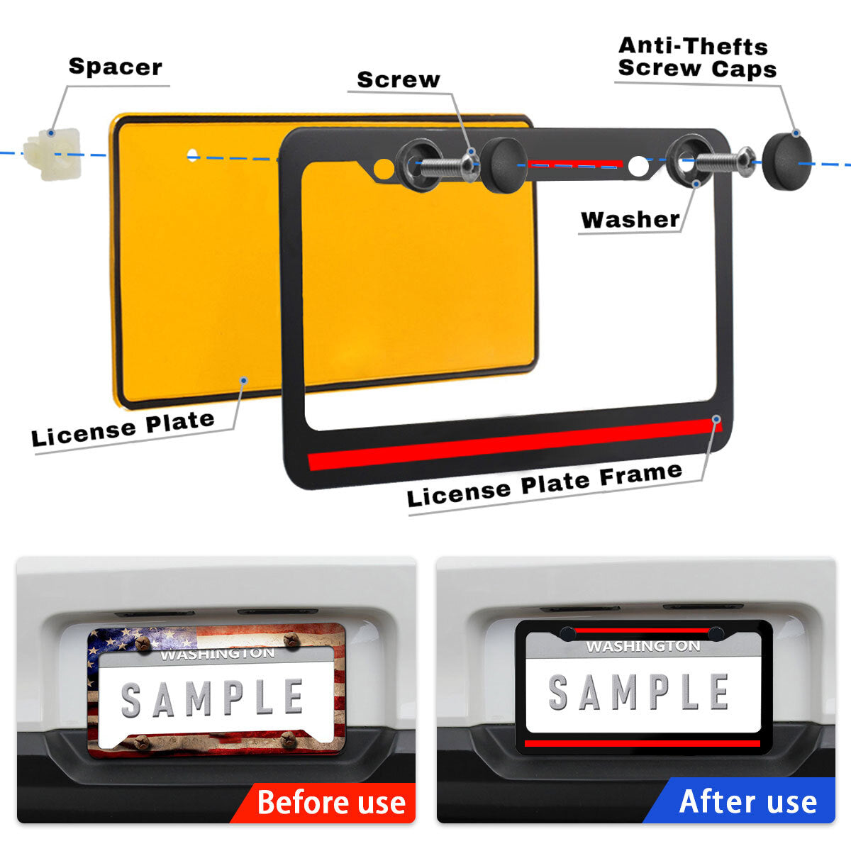 2pcs Metal Red Line Car License Plate Frame Tag Cover Black  for ford  F150 F250