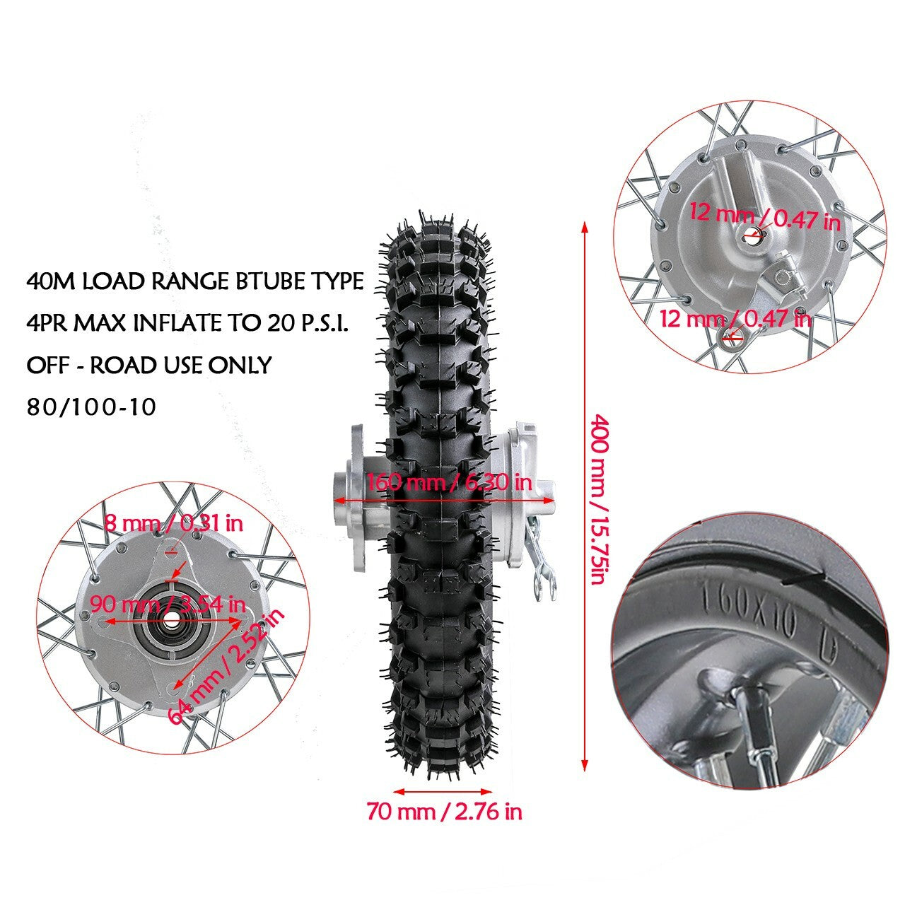 10-inch rear wheel with 80/100-10 tire and 1.6x10 rim assembly for Dirt Pit bikes CRF50 XR50