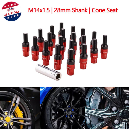 20-piece set of M14x1.5 wheel lug bolts, tapered for seat studs, 28mm shank, suitable for most aftermarket applications.