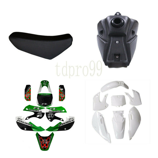 Plastic mudguard, fuel tank, and for seat graphics suitable for Kawasaki KX65, KLX110, and RM65 off-road bicycles.