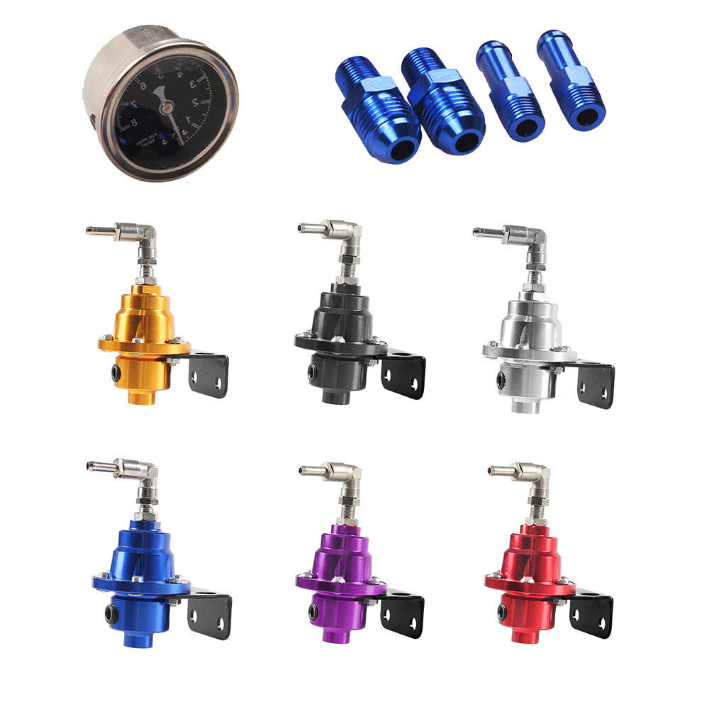 Universal adjustable fuel pressure regulator with fuel gauge and end connector