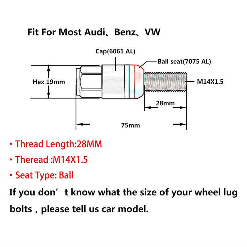 20-piece set of red M14x1.5 wheel lug bolts, ball joints, and studs, 28mm shank, suitable for Audi , for Volkswagen , and for Mercedes-Benz .