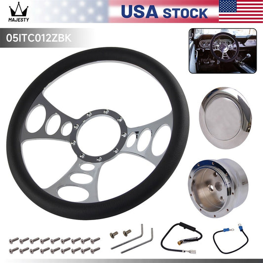 14 9-Bolt Chrome Half Wrap PVC Steering Wheel+Horn Adpter for Chevy GM for Dodge
