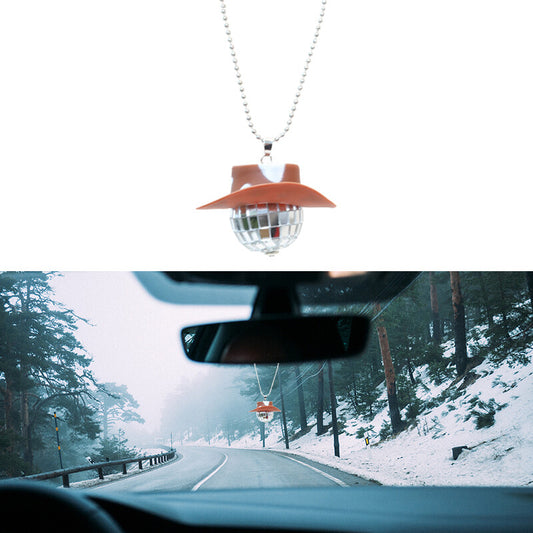 Cowboy Hat Disco Ball Car Ornamen Rearview Mirror Hanging Acessory Cow Brown