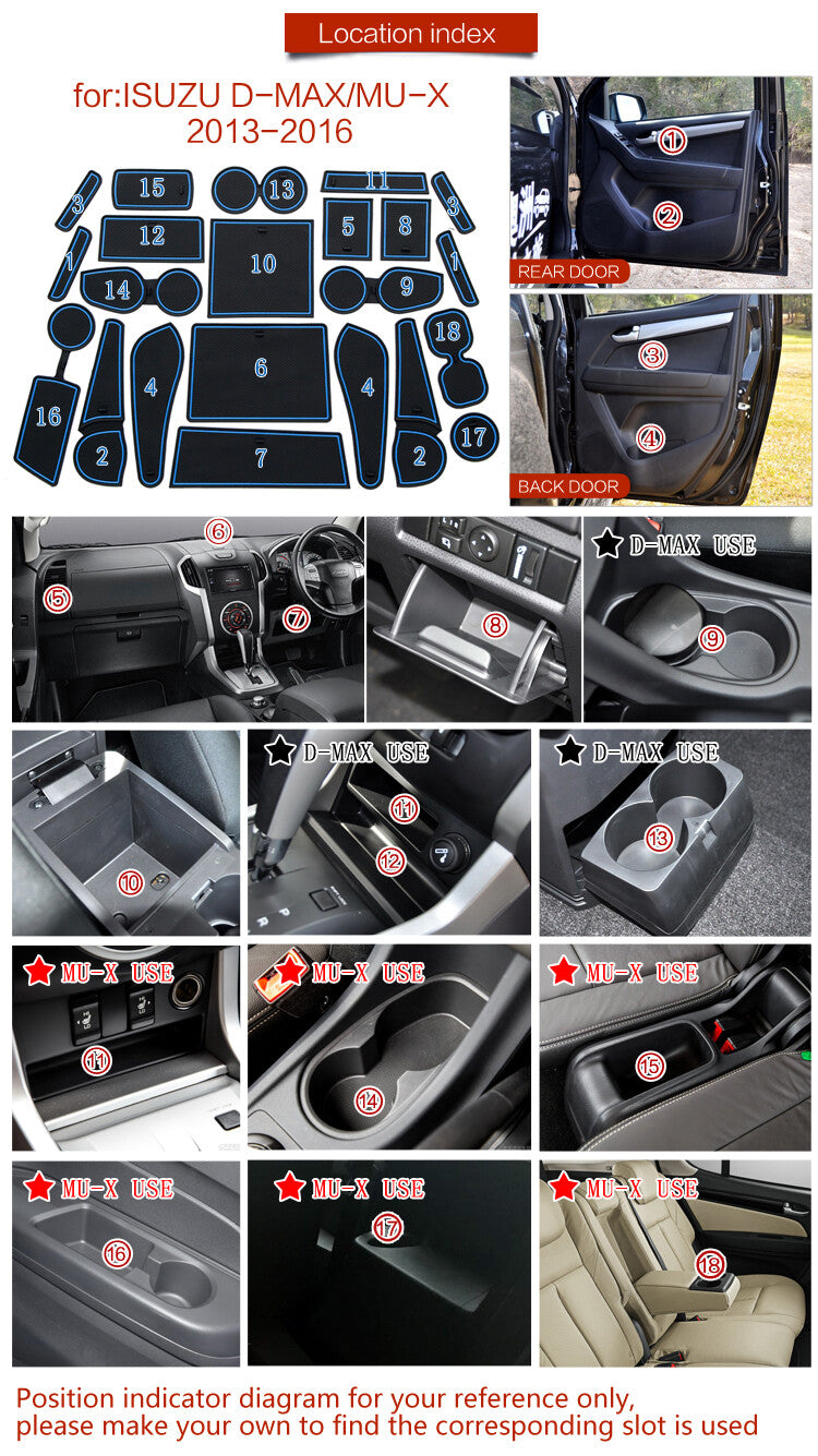 for Isuzu D-Max MU-X 2012- 2019 Anti-Slip Gate Slot Cup Mat Accessories Door Pad