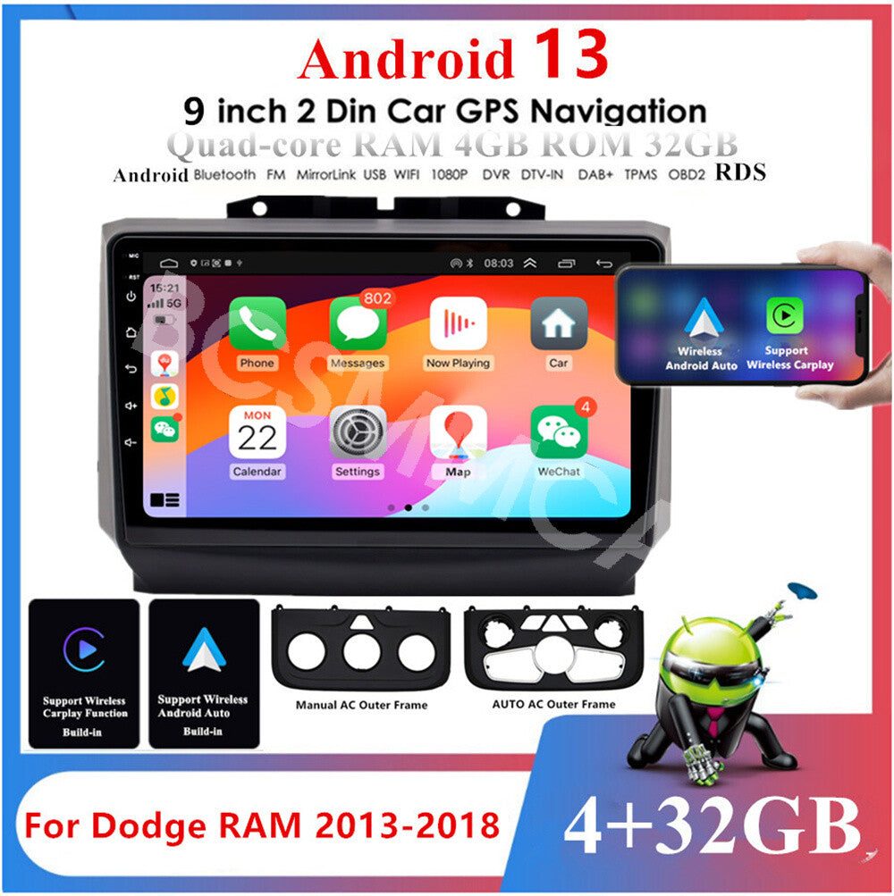 Car FM Stereo BT GPS For Carplay Fit For 2013-2018 for Dodge for Ram 1500 2500 3500