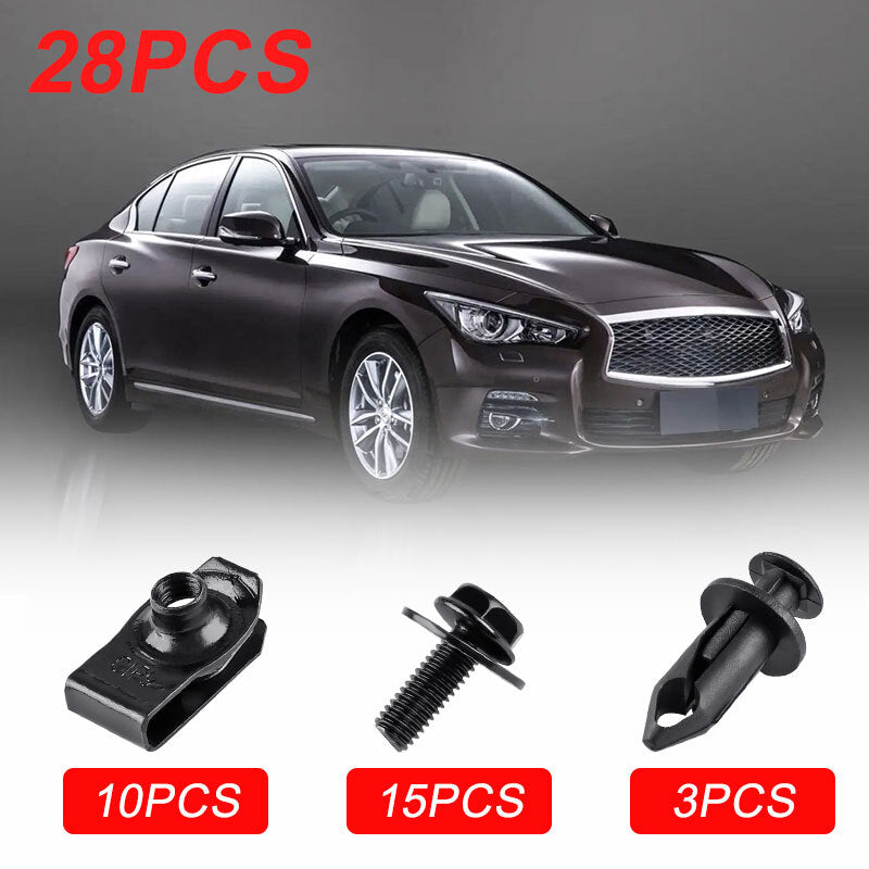 28pcs/Set Car Engine Splash Shield Body Bolt Screws Nut Fender Bumper Clip Rivet