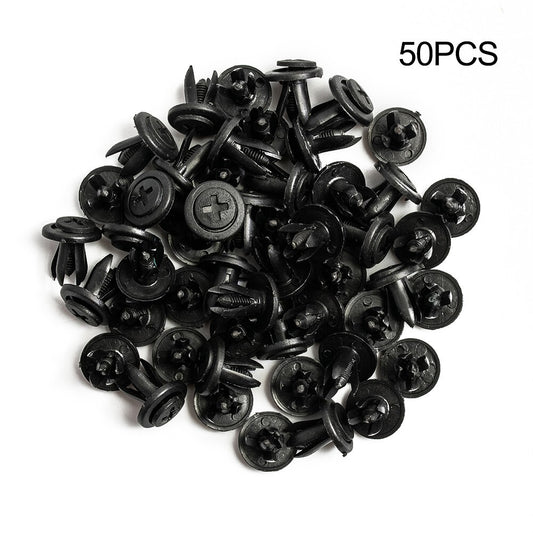 50-piece pack of automatic car brake pads, mudguards, bumper clips, plastic rivets, and fasteners