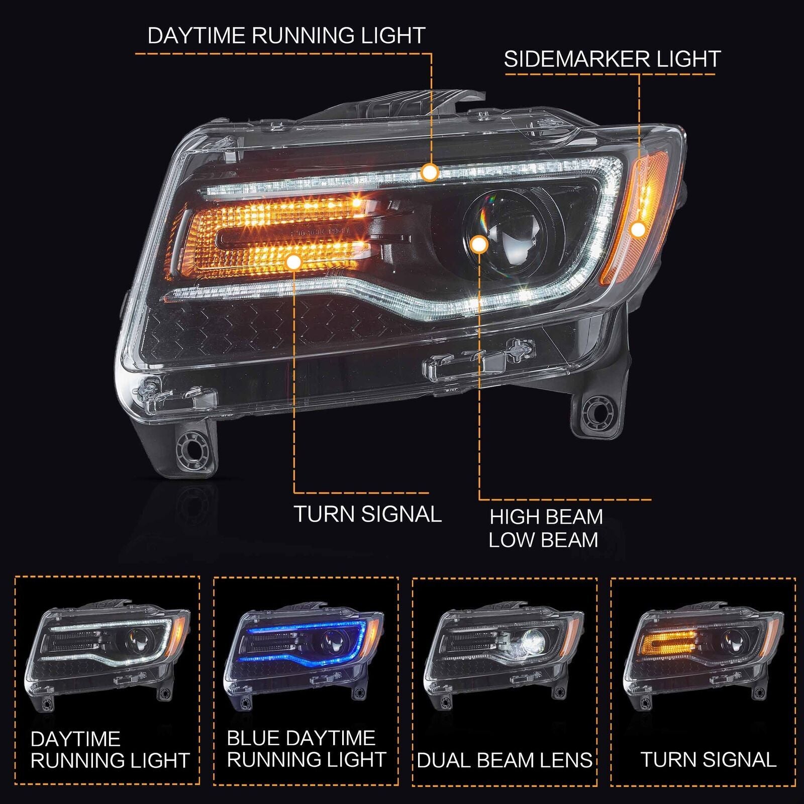 VLAND Full LED Headlights for 2011-2013 for Jeep Grand Cherokee with Blue Animation Package
