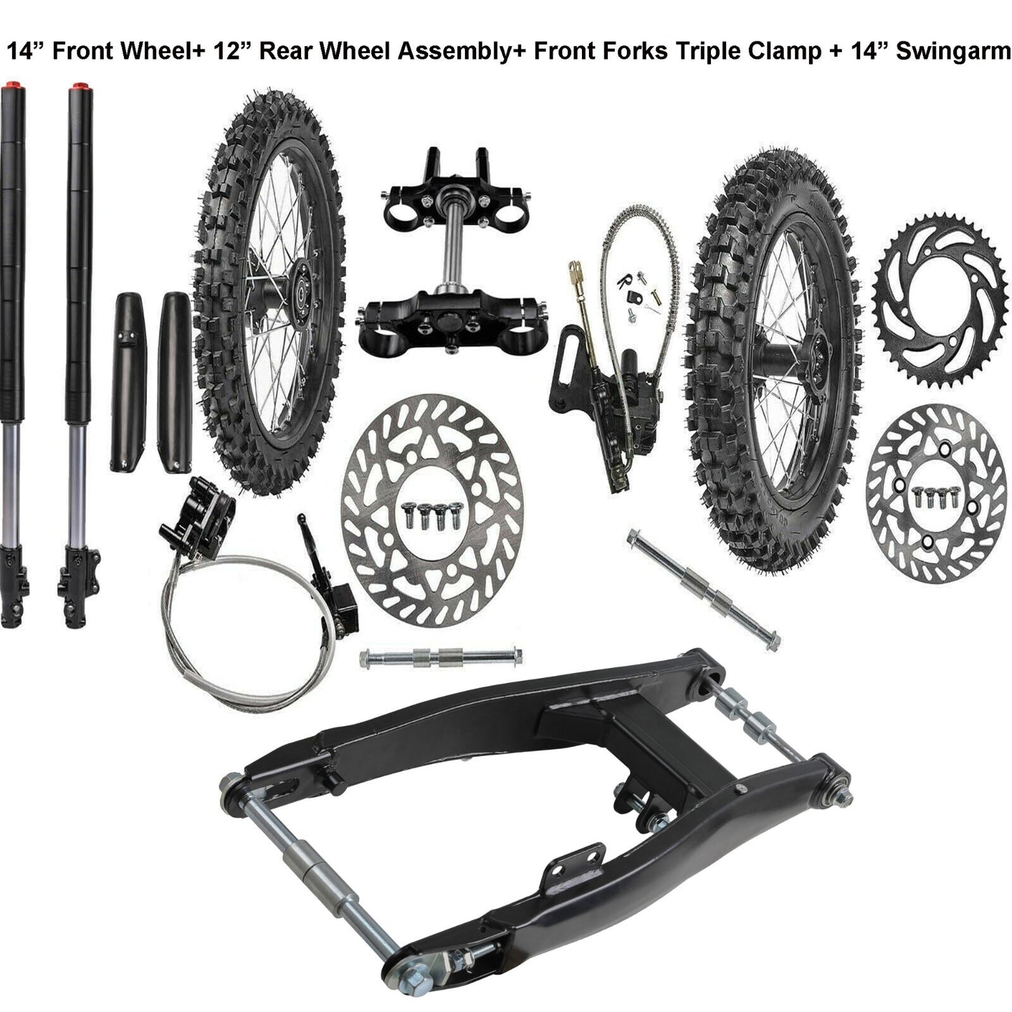 14-inch and 12-inch wheels, 60/100-14 tires, front fork, swingarm kit, cooler, 125 XR70 KLX110