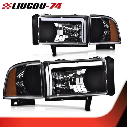 Suitable for 94-02 for Dodge for Ram 1500-3500, black housing, amber corner LED DRL headlights.