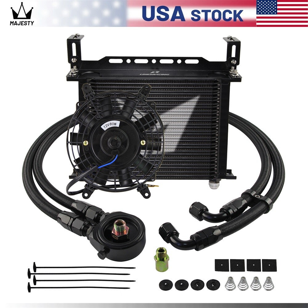 LR 30 Row AN10 Oil Cooler Kit+Filter Adapter Hose Kit +7 Electric Fan Kit Black
