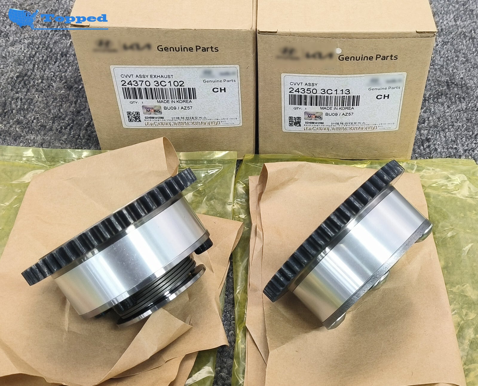 All-new OE CVVT intake and exhaust camshaft gear kit for Hyundai and for Kia 3.3L and 3.8L engines (2007-2014).