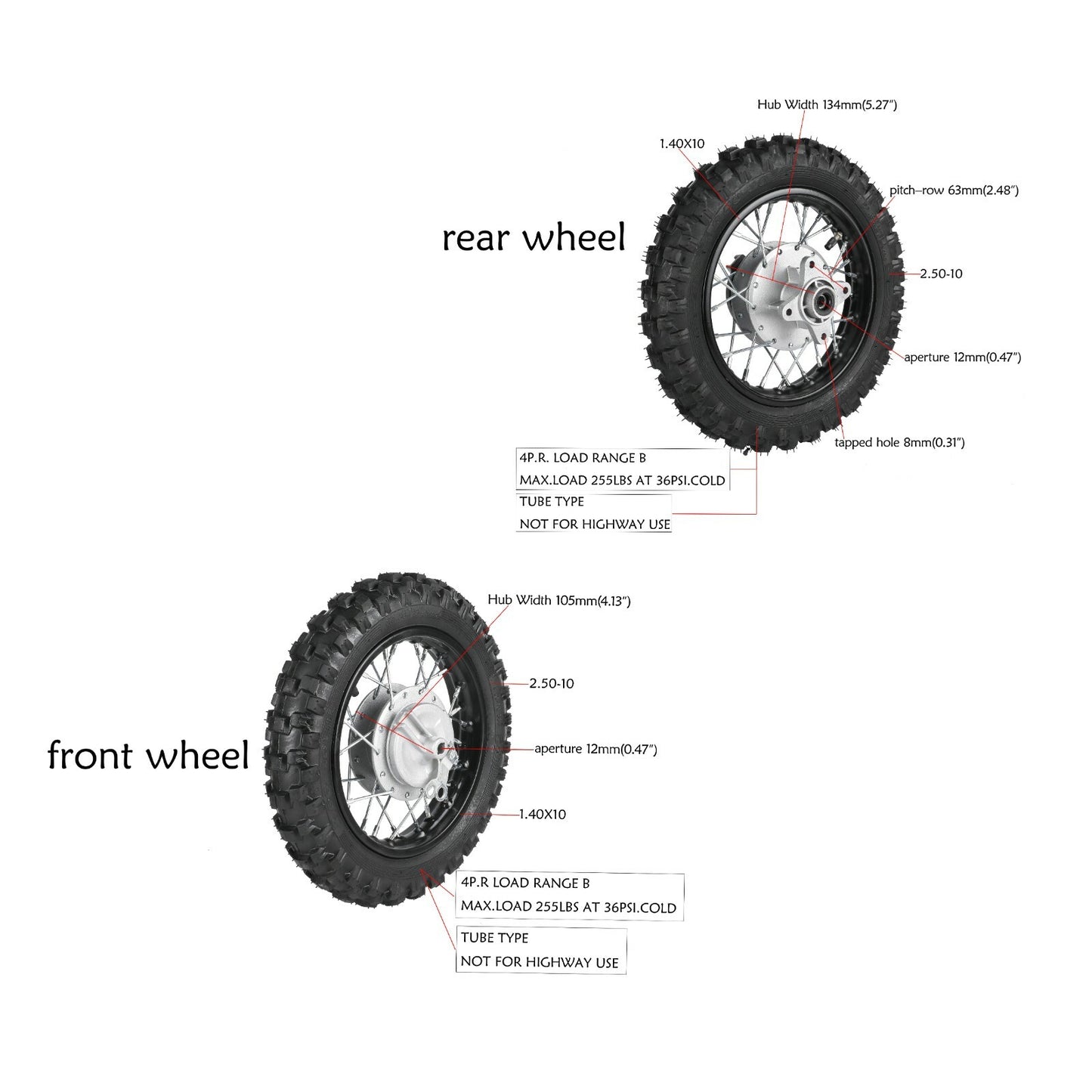 2.50 - 10 Front and rear tires, rims, 420 sprocket, Fo sprocket, for Honda CRF50 XR50 Dirt bicycle SSR