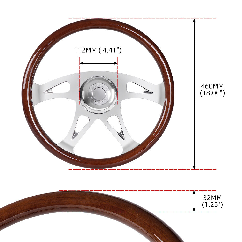 for Freightliner / for Kenworth / for Peterbilt / for Volvo 18 Wood Steering Wheel Chrome 4 Spoke