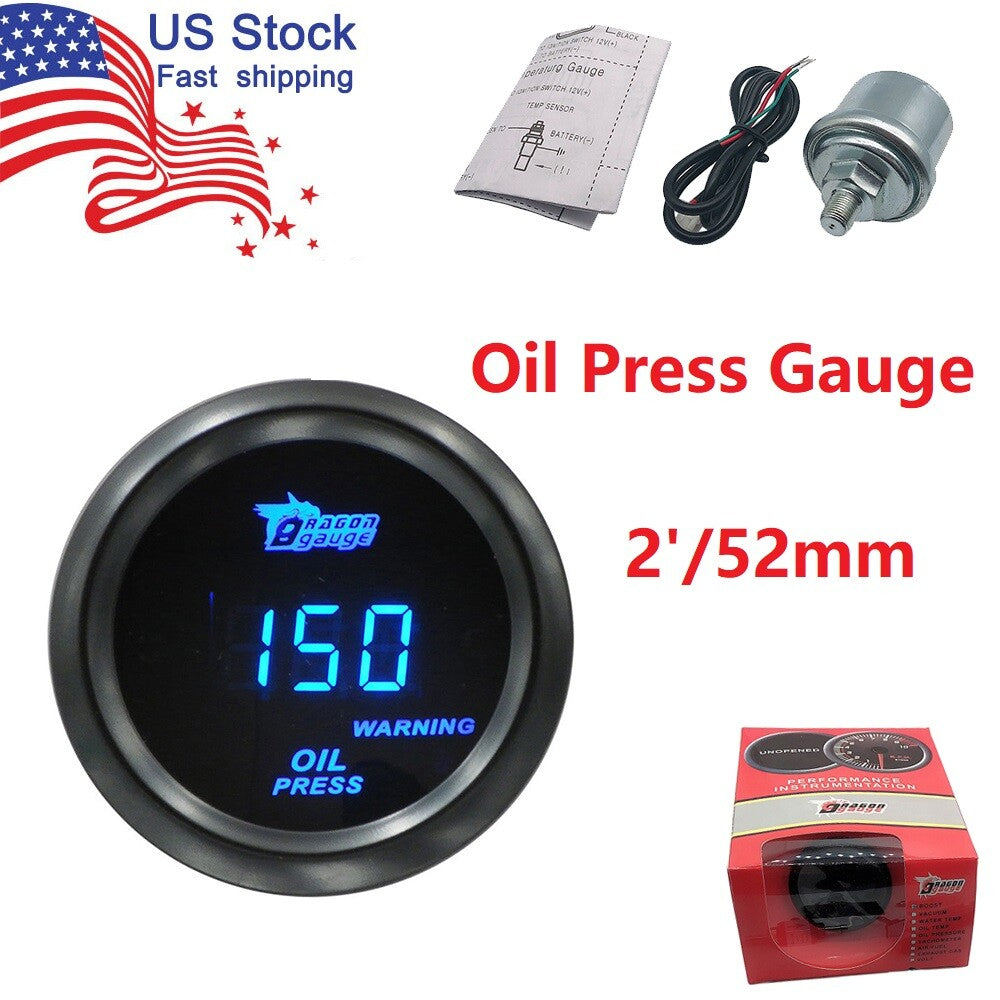 2 52mm Oil Press Pressure Gauge 0-150 PSI Meter W/Sensor Digital Blue LED