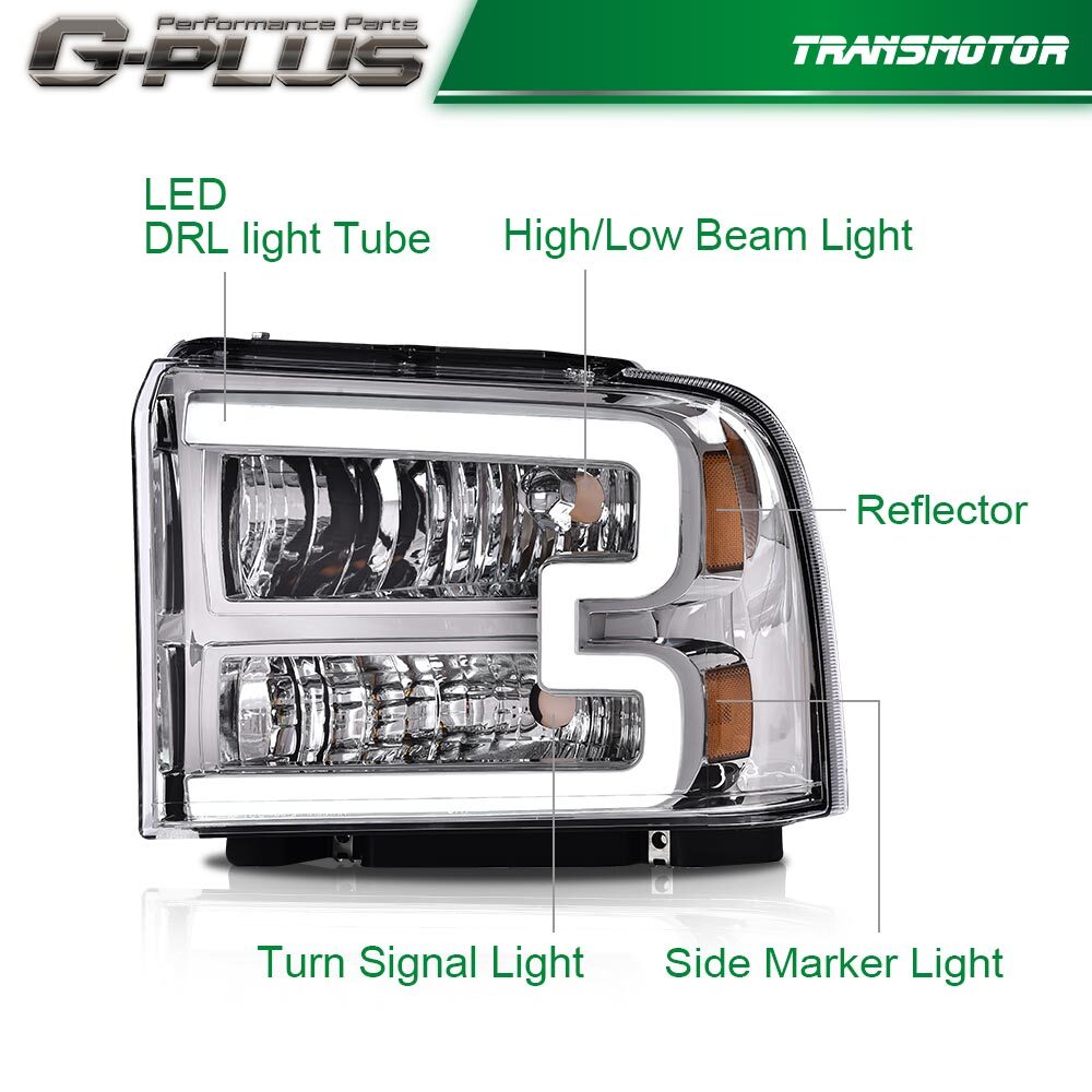 LED DRL Clear/Chrome Alloy Headlights Suitable for 05-07 for Ford F250 F350 F450 F550 Super Mission
