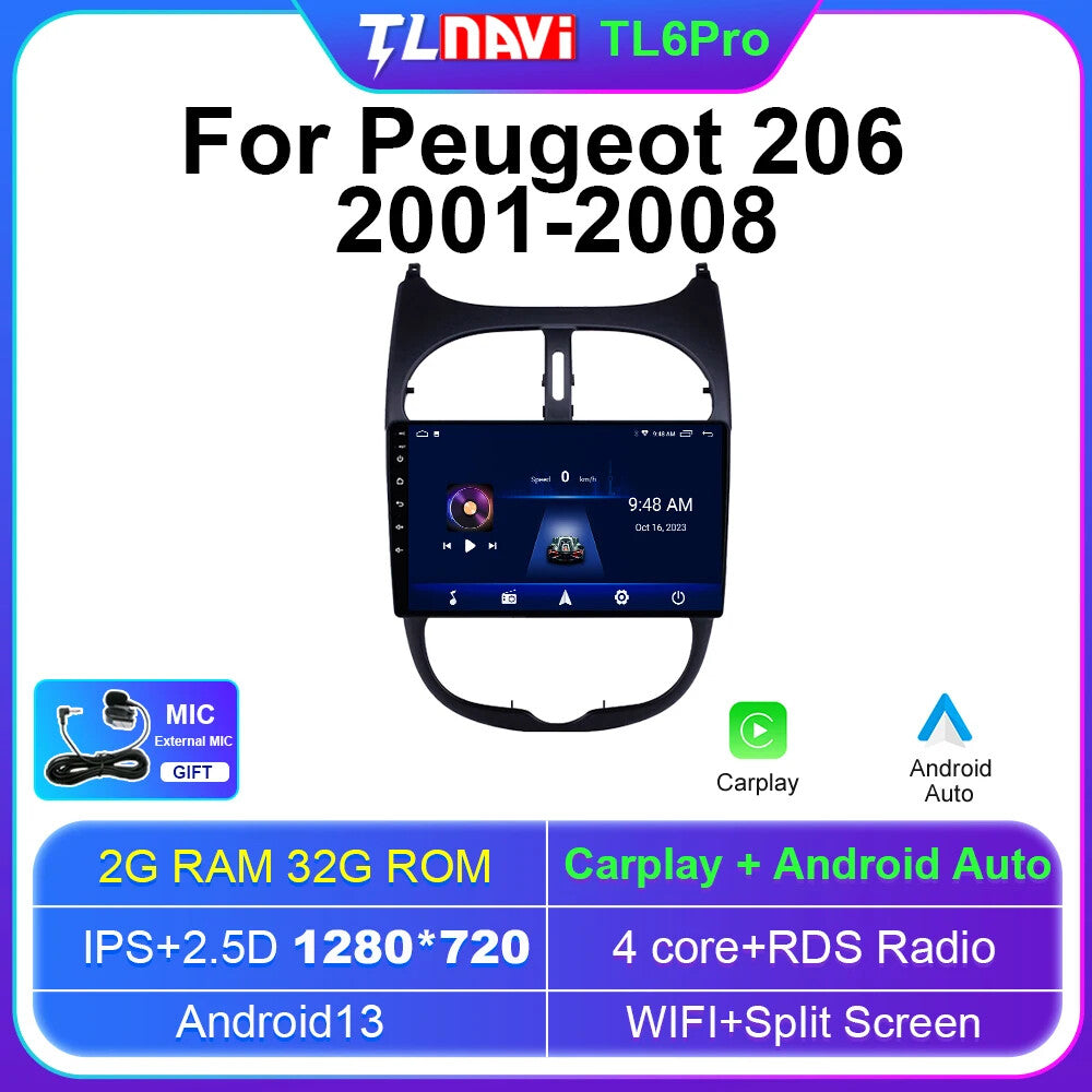 for Peugeot 206 Car Radio Auto RDS DSP QLED GPS Audio Multimedia Player Carplay