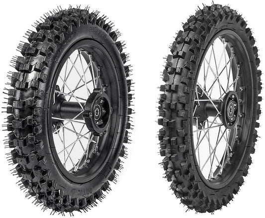 Front 60/100-14 and rear 80/100-12 tires and rims for the KX65 SSR 125cc CRF70 bicycle.