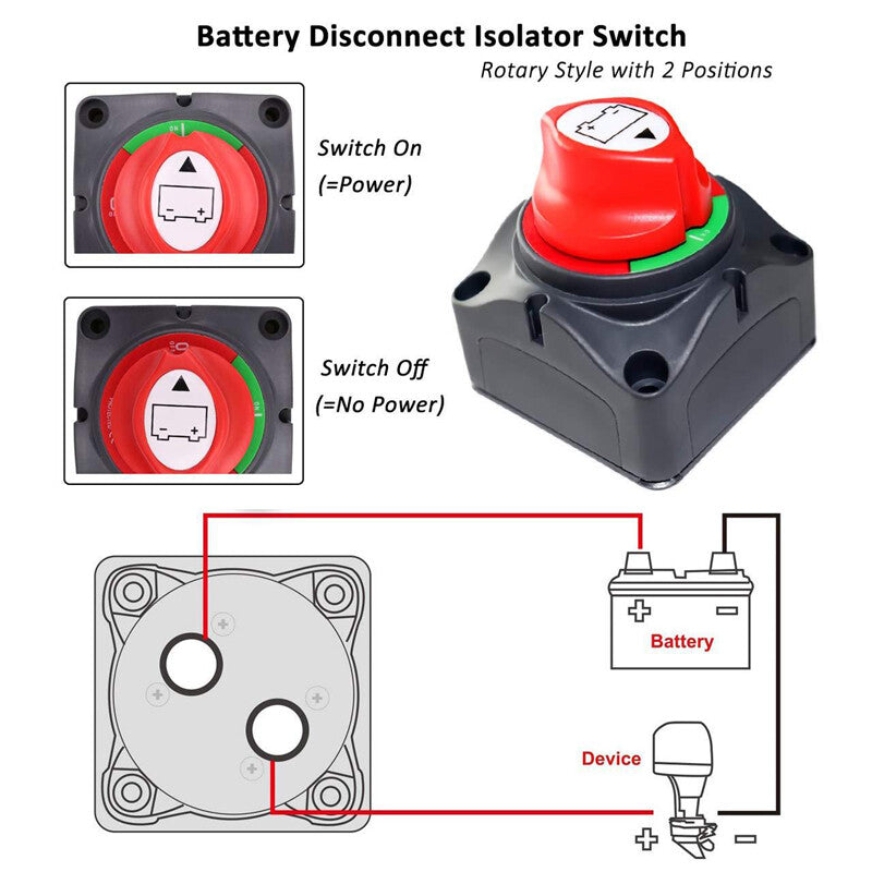 The battery isolator switch for cars, RVs, and boats disconnects and cuts off the power supply, killing 12V-48V batteries.