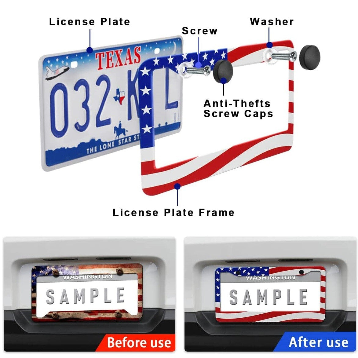 2x for Toyota Accessory US American Flag Patriotic Car License Plate Frame Cover