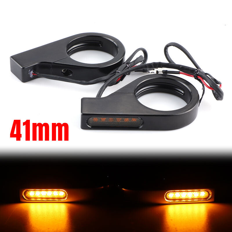 2X Black Motorcycle LED Turn Signals Light 41mm Fork Mount Clamp Blinker Amber