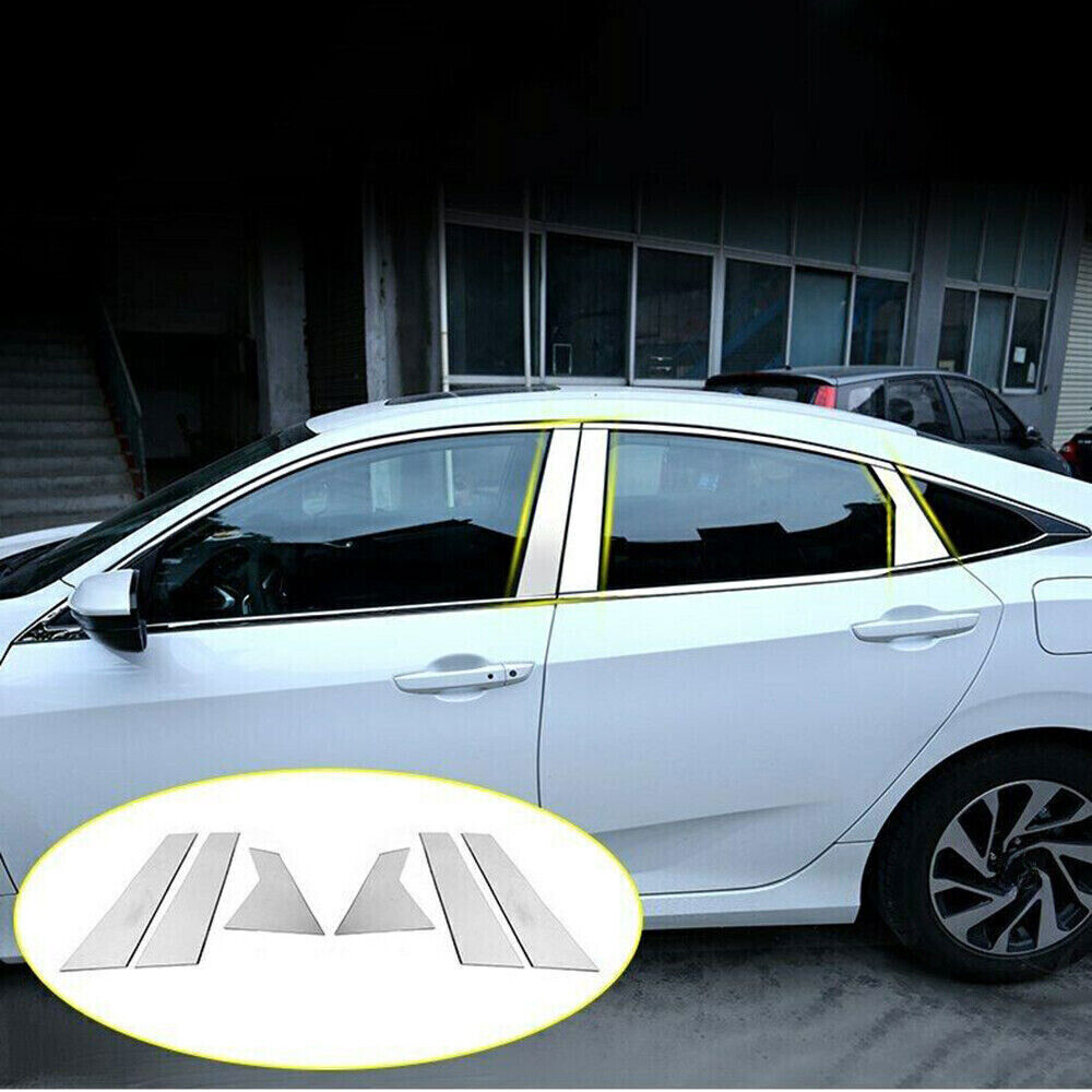 6PCS Chrome Steel Door Pillar Posts Trim Cover Kit for Honda for Civic Sedan 2019-21