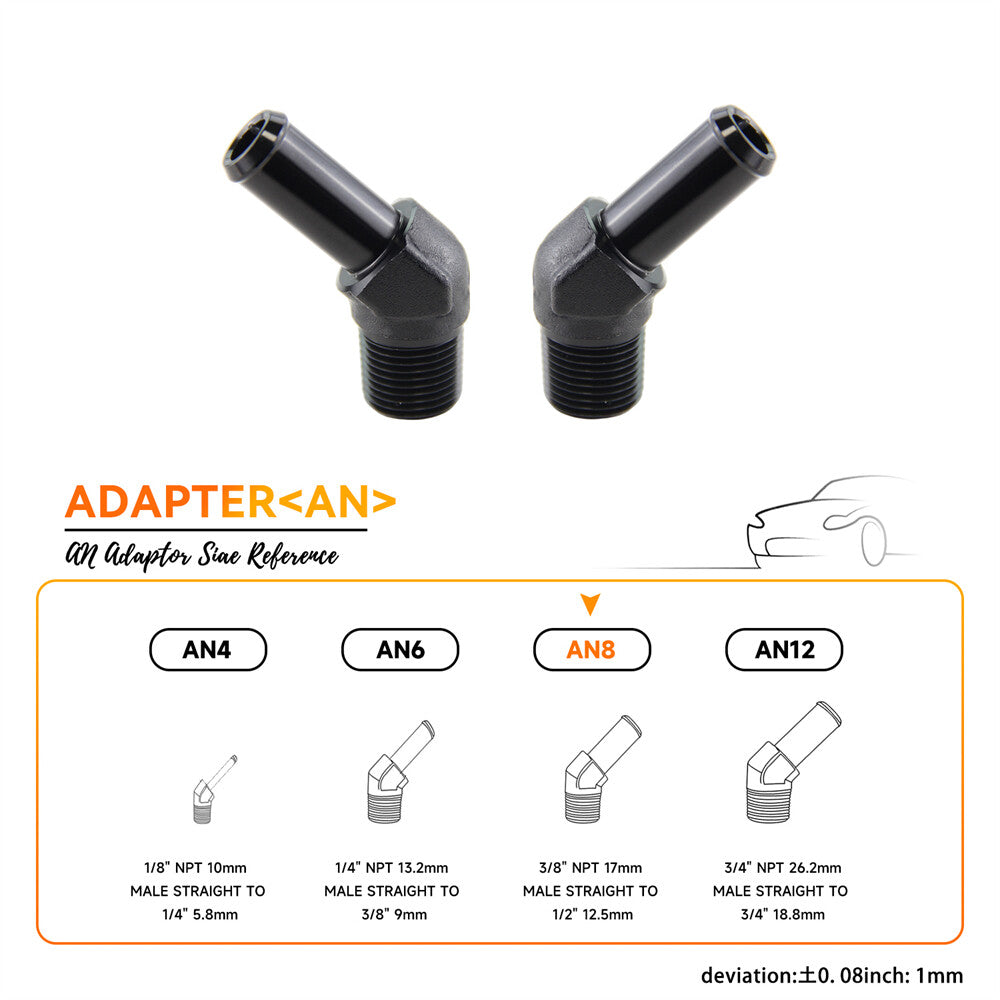 2PCS Aluminum AN8 3/8 NPT Male to 1/2 Hose Barb 45 Degree Adapter Fitting Black