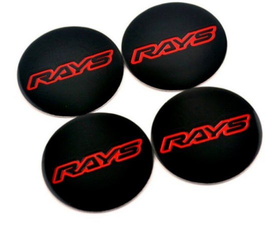 4-piece set of 60mm light badge wheel center caps, hubcaps, and rim caps - black with red chrome plating.