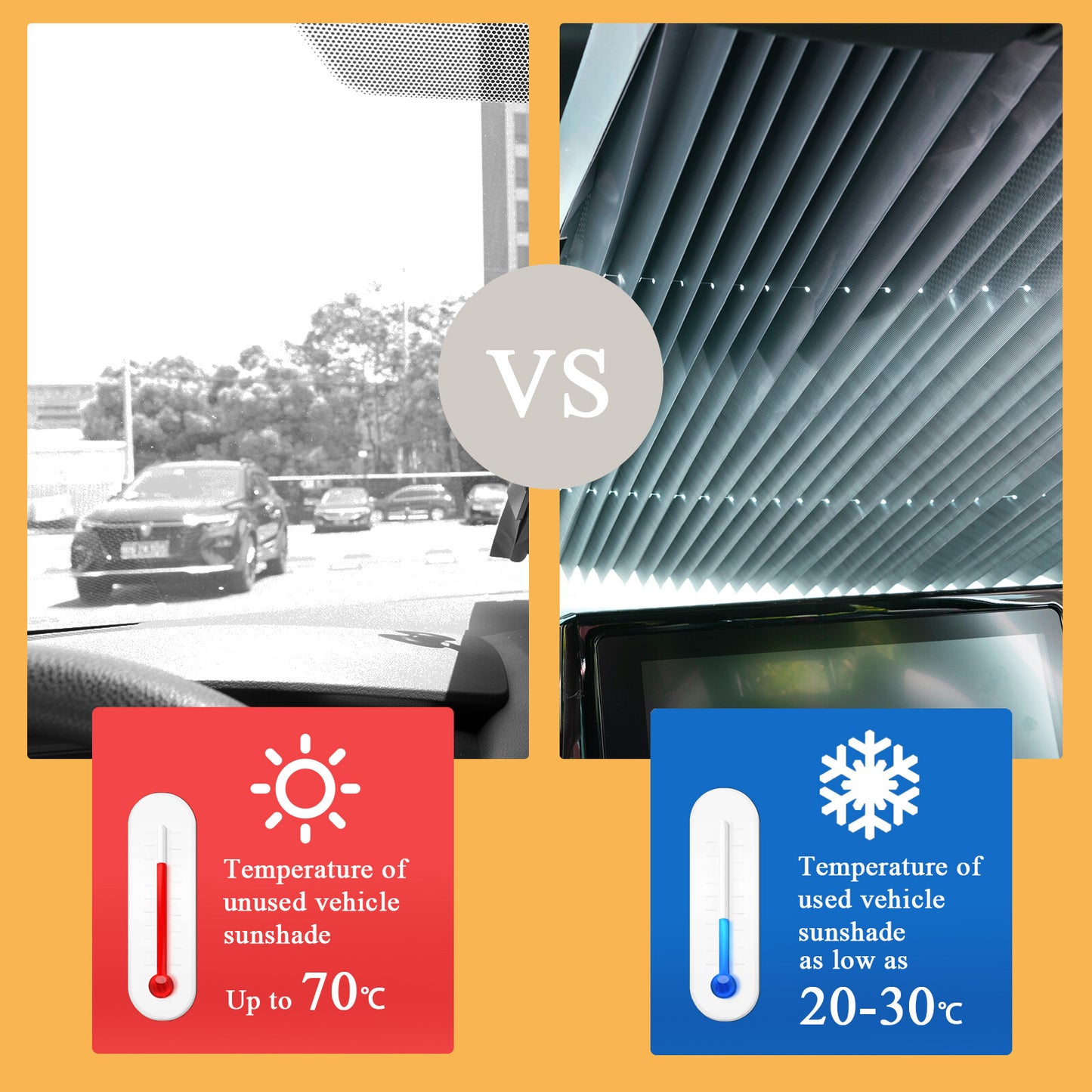 Car retractable sunshade with UV protection for the windshield, 200 x 70 cm.