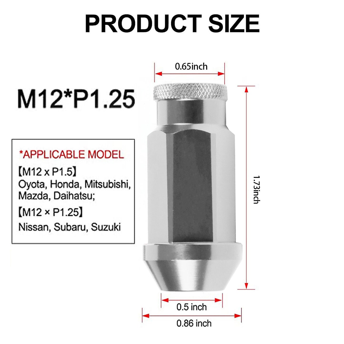 for Toyota M12x1.25 for Honda Extended Open End Steel Wheel Lug Nuts 20pcs Silver