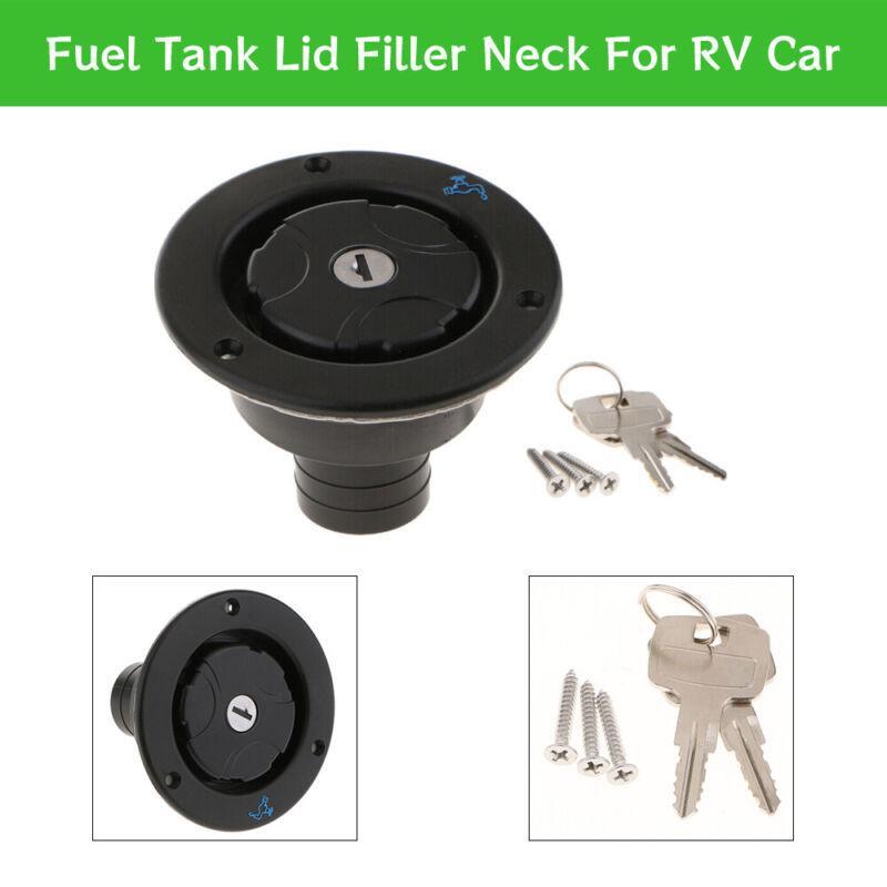 Black universal water and fuel tank cap with neck strap lock and key suitable for RVs and motorhomes