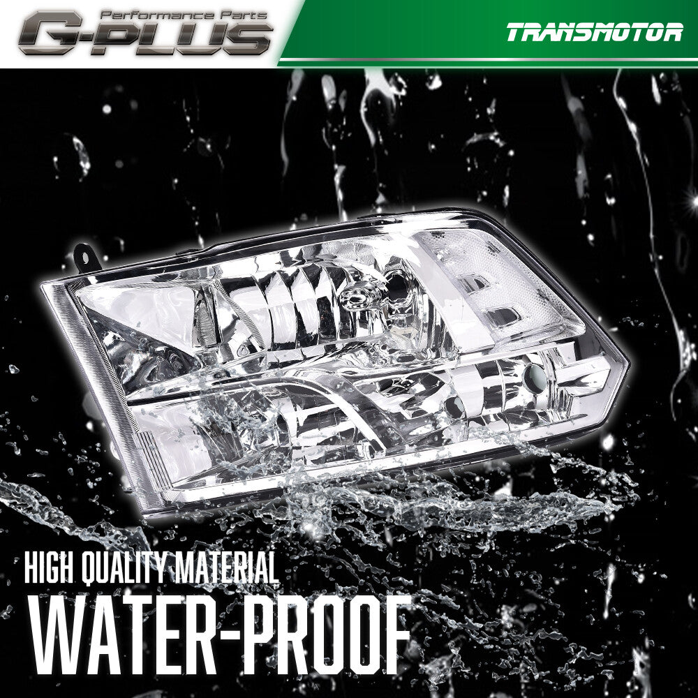 Fits 09-18 for Ram 1500 - 3500 chrome-encased transparent corner headlights.