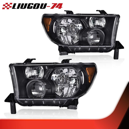 Black/transparent headlights (LH+RH) suitable for Toyota 2007-2013 Tundra and 2008-2017 Sequoia.