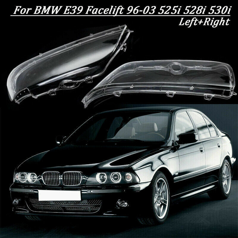 A pair of transparent headlight lens protective covers for BMW E39, 1996 - 2003.