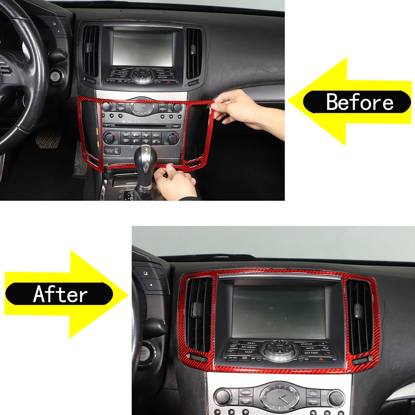 Red carbon fiber center console vent frame for Infiniti G37 2007-2013