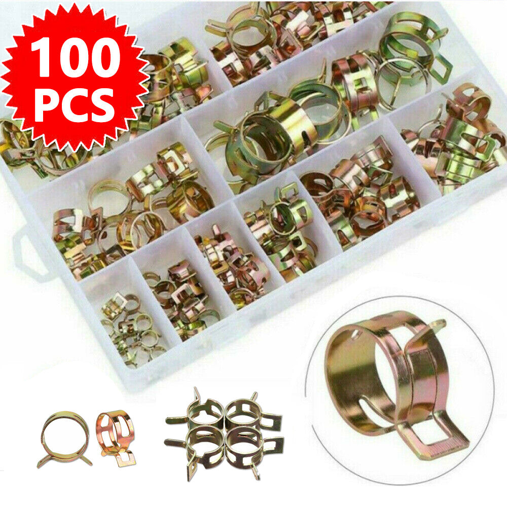 100Pcs 6-17mm Fuel Hose Line Water Pipe Air Tube Spring Clip Clamps Assortment