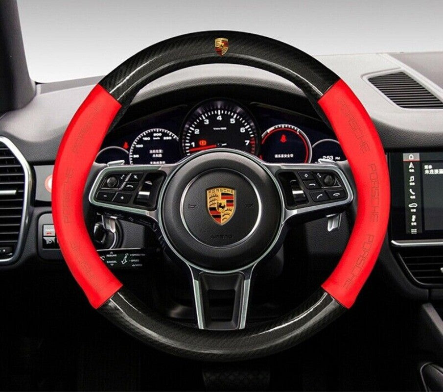 RED 15 Car Steering Wheel Cover Genuine Leather for Porsche