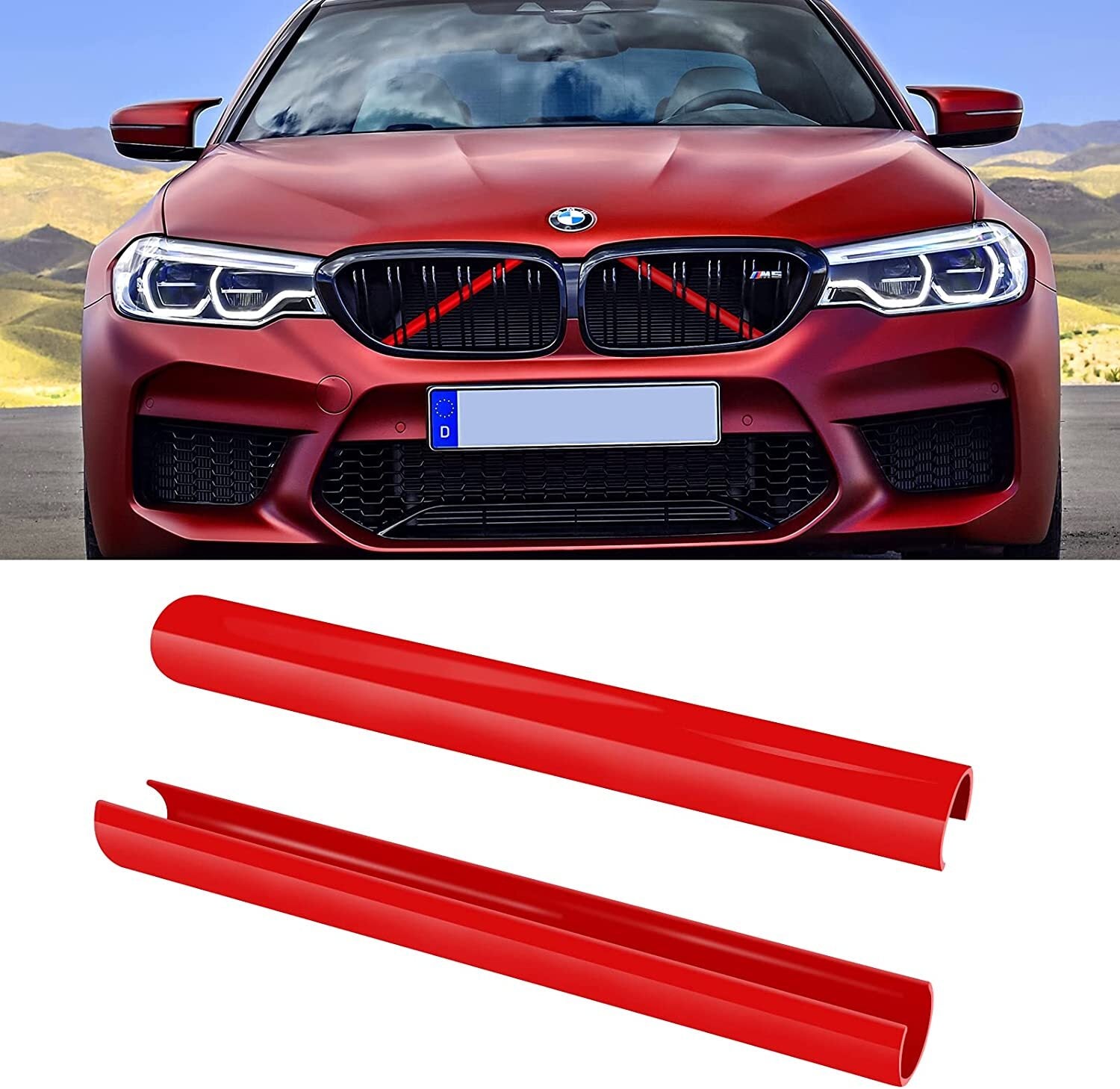 2x Red Car Front V Brace Grill Trim Strips Cover for BMW 3 Series G20/G21/G28