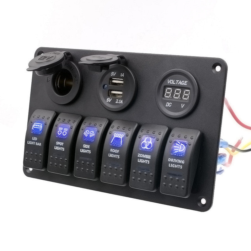 Auto Waterproof 6 Button Panel Cigarette Lighter Adapter Dual USB Red Voltmeter