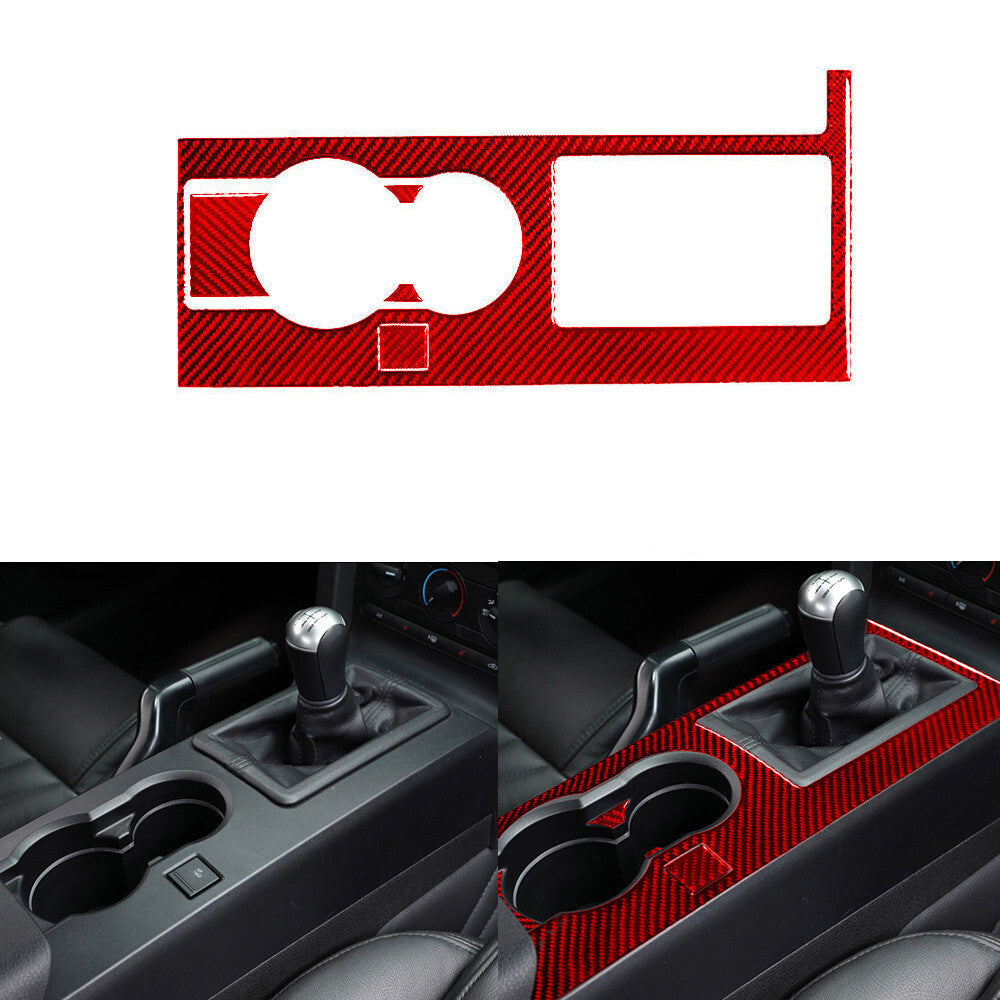 Red Carbon Fiber Gear Shift Watercup Panel Cover Trim for Ford for Mustang 2005-2009