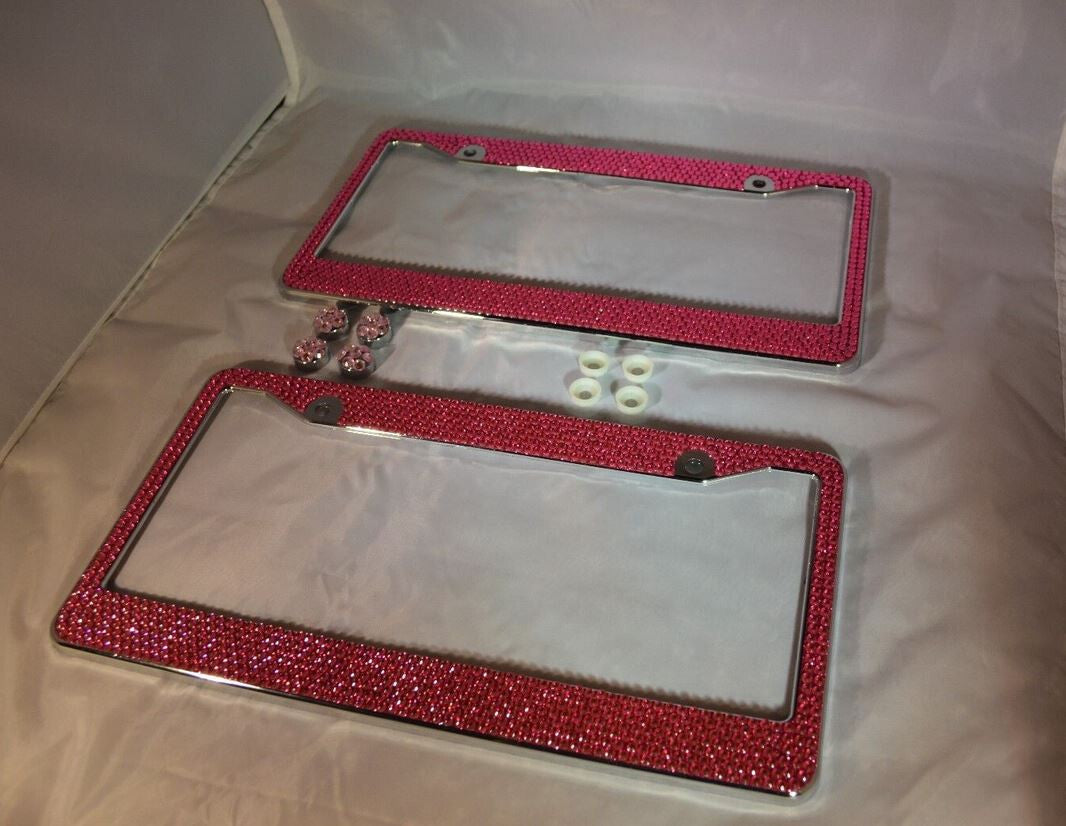 2-Piece Car License Plate Frame Cover for Rear Trunk Pink Glitter Crystal Suitable for Jeeps