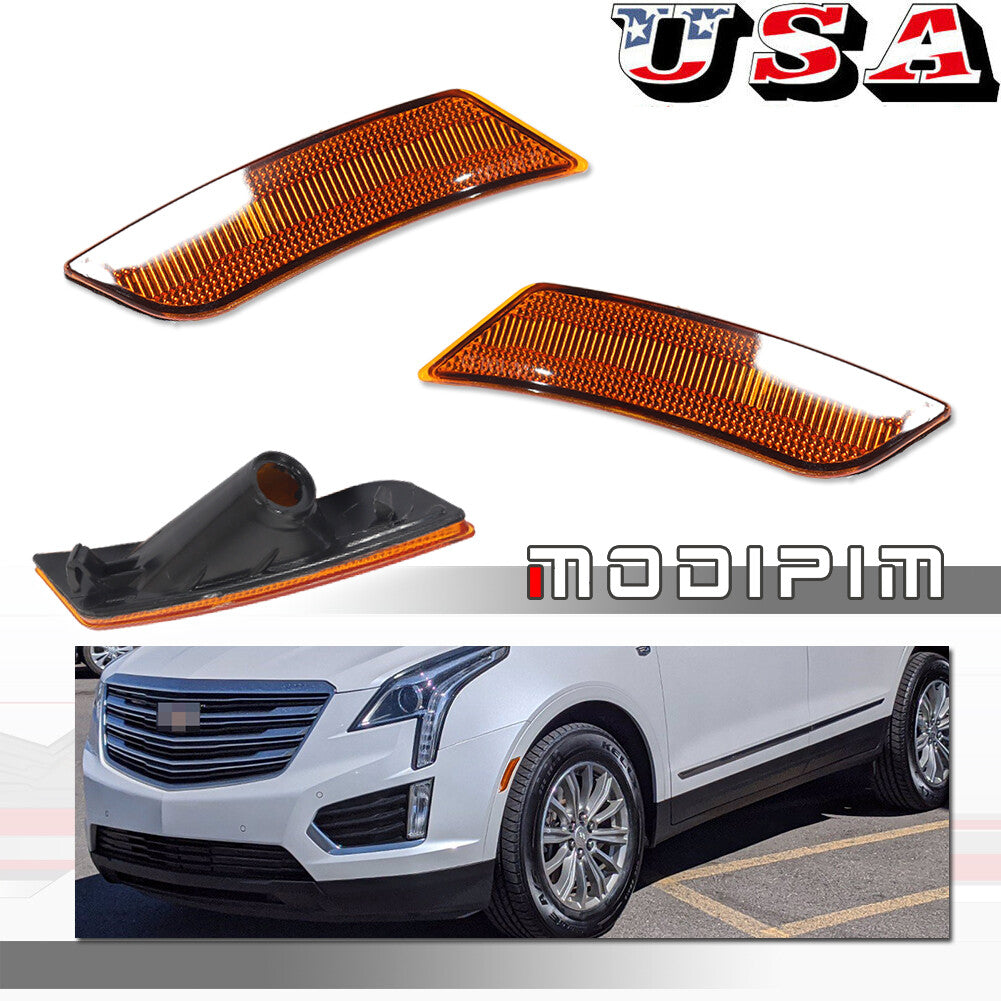A pair of amber front side marker light mounts for 2013-2014 for Cadillac ATS and 2017 and later XT5 models.