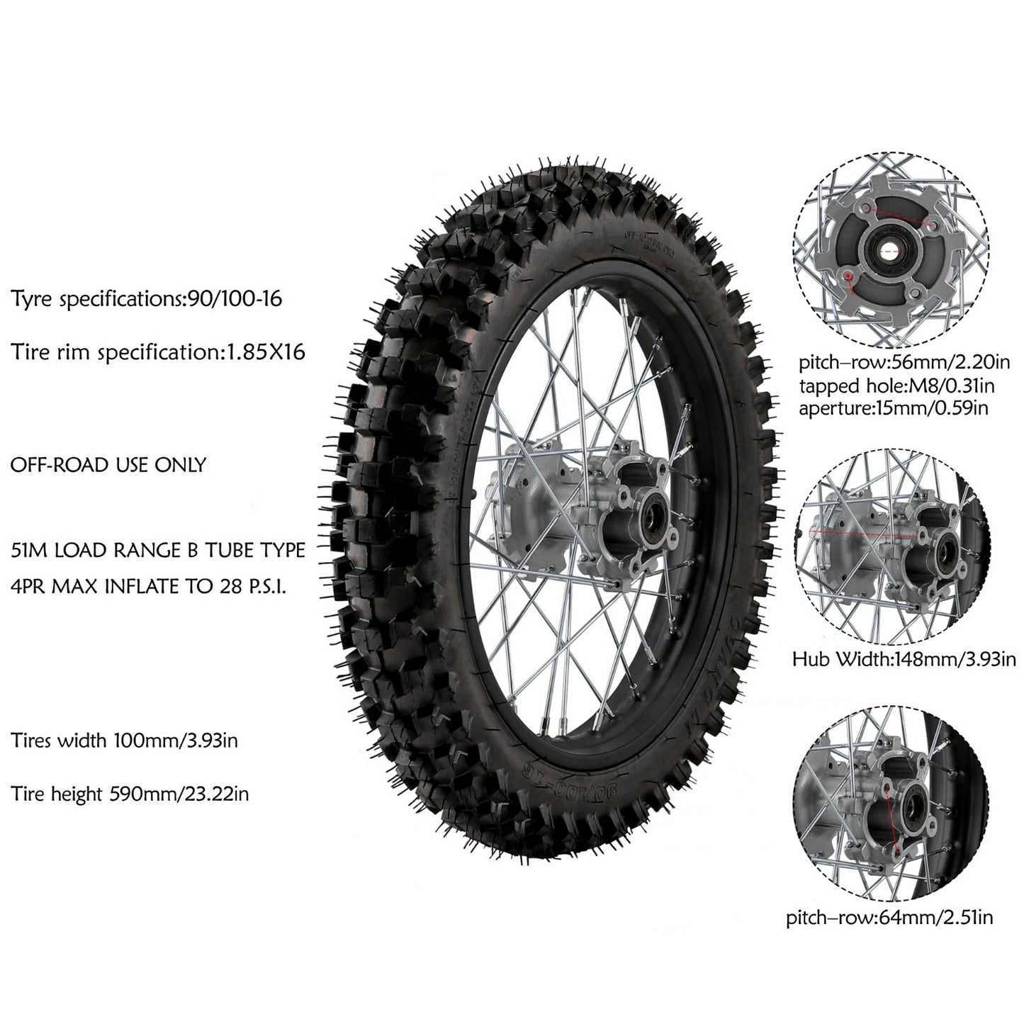 16-inch rear wheel, 90/100-16 tire, rim assembly, Fo Pit Dirt bicycle, CRF150, XR100, TTR125
